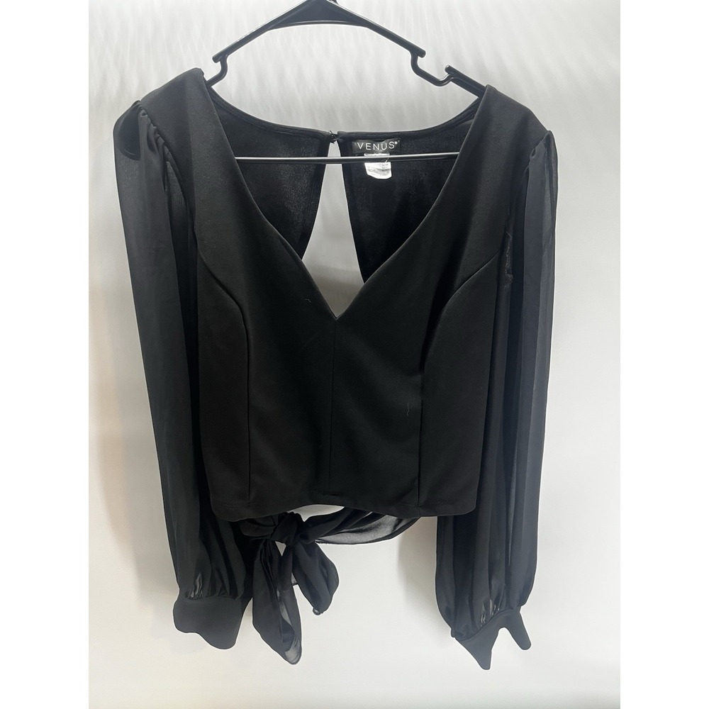 Women's Venus Black Chic Look‎ Chiffon Sleeve Crop Top W/tie Waist Renaissance L